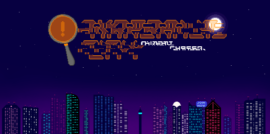 Akreralis City: Thread Chaser animated cover: a pixel-art night skyline with a magnifying glass and the moon